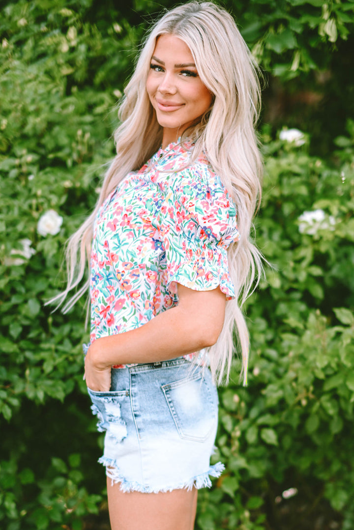 Floral Print Button Split Neck Puff Sleeve Blouse