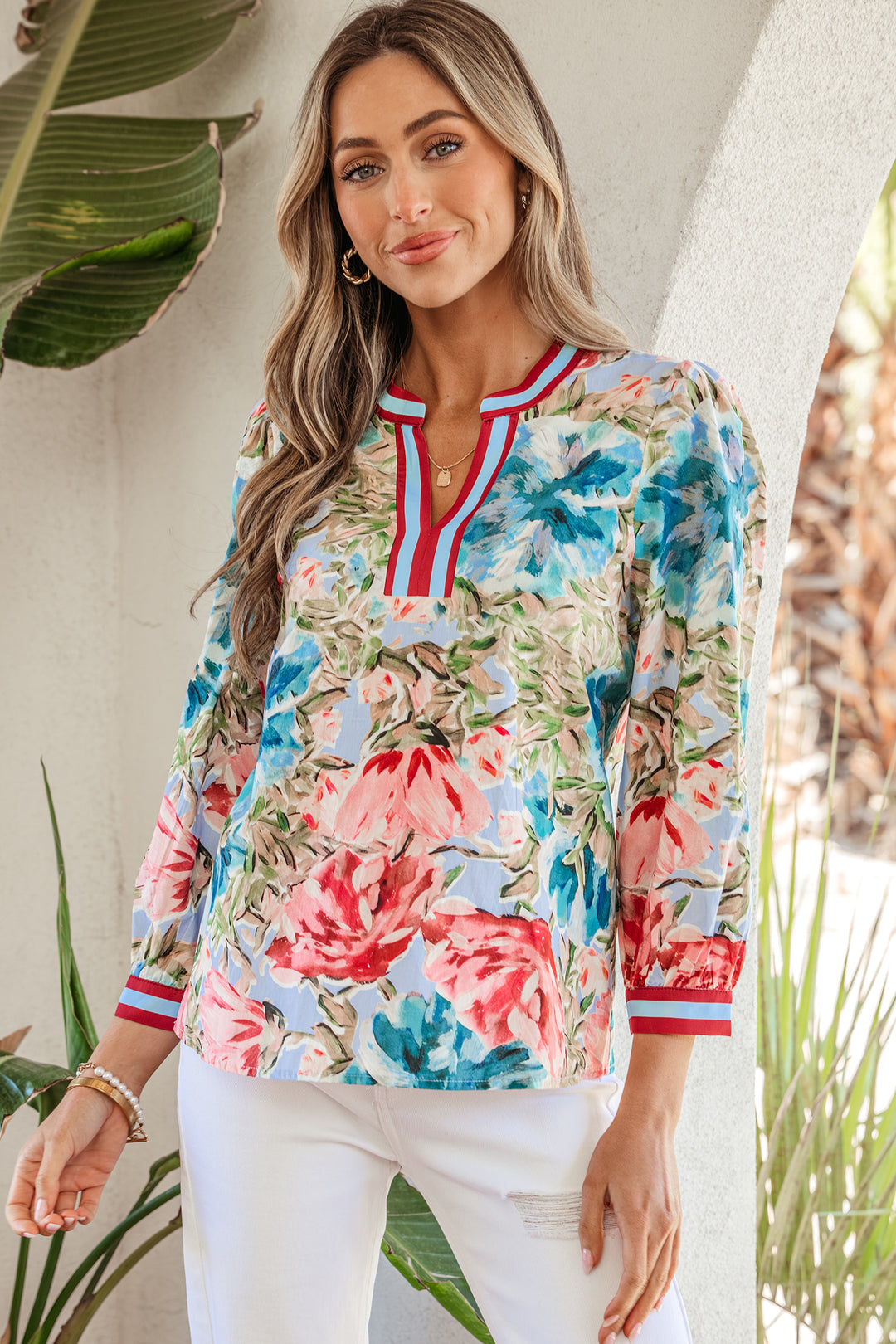 Contrast Trim V Neck Cuffed Bracelet Sleeve Floral Blouse