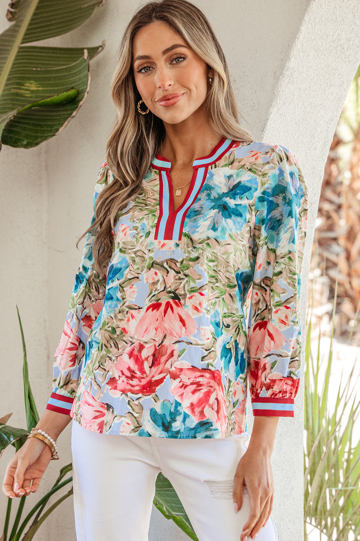 Contrast Trim V Neck Cuffed Bracelet Sleeve Floral Blouse
