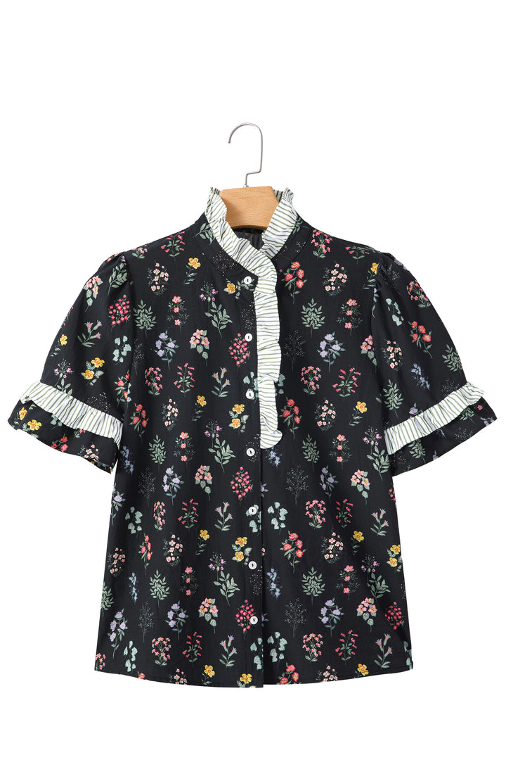 Black Contrast Frilled Trim Short Sleeve Floral Shirt