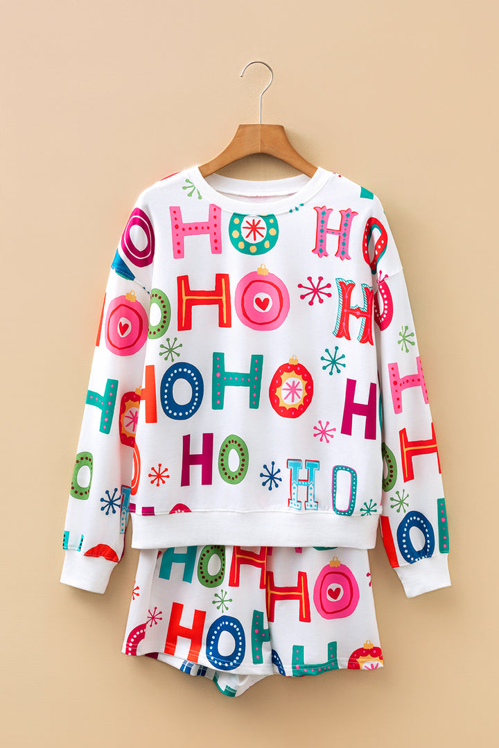 White Ho Ho Ho Christmas Fashion Print 2pcs Lounge Short Set