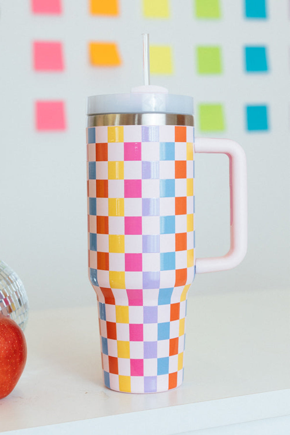 Colorful Checkered Print Handle Vacuum Cup 40oz