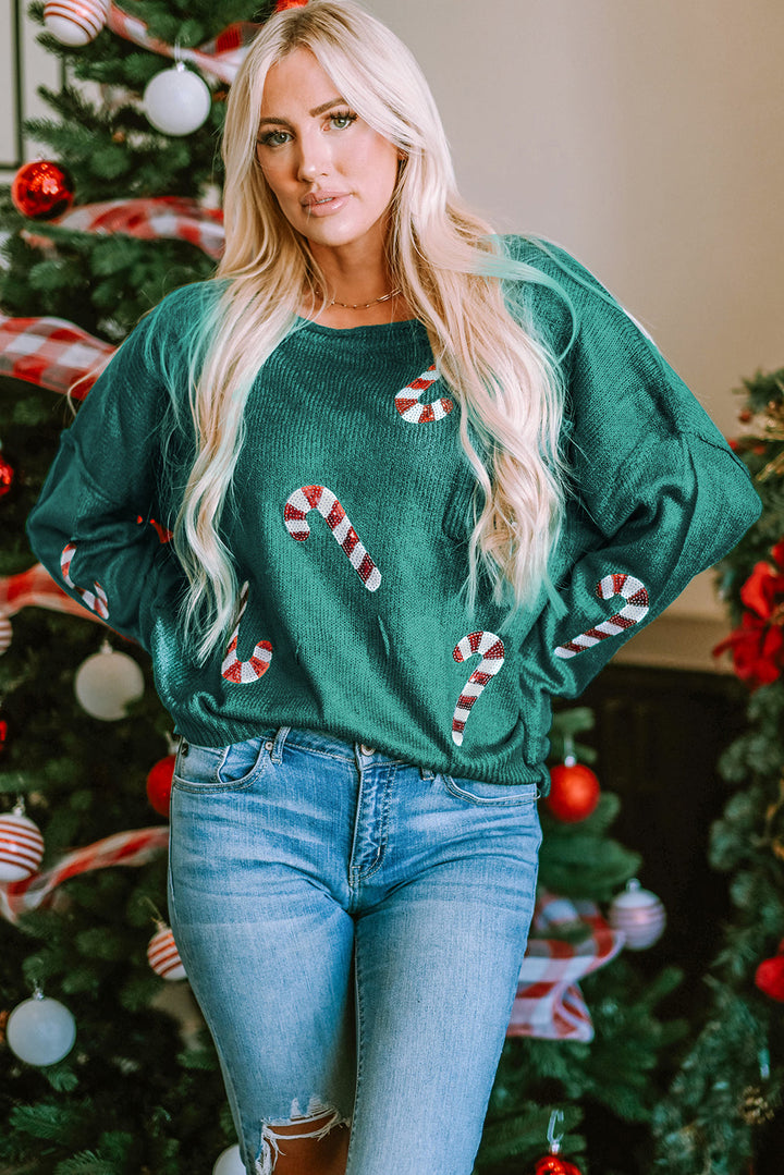 Sequined Candy Canes Gingerbread Man Sweater