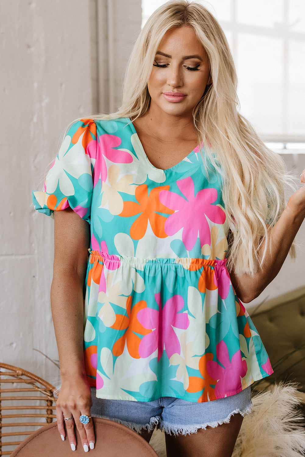 floral print bubble sleeve v neck peplum blouse