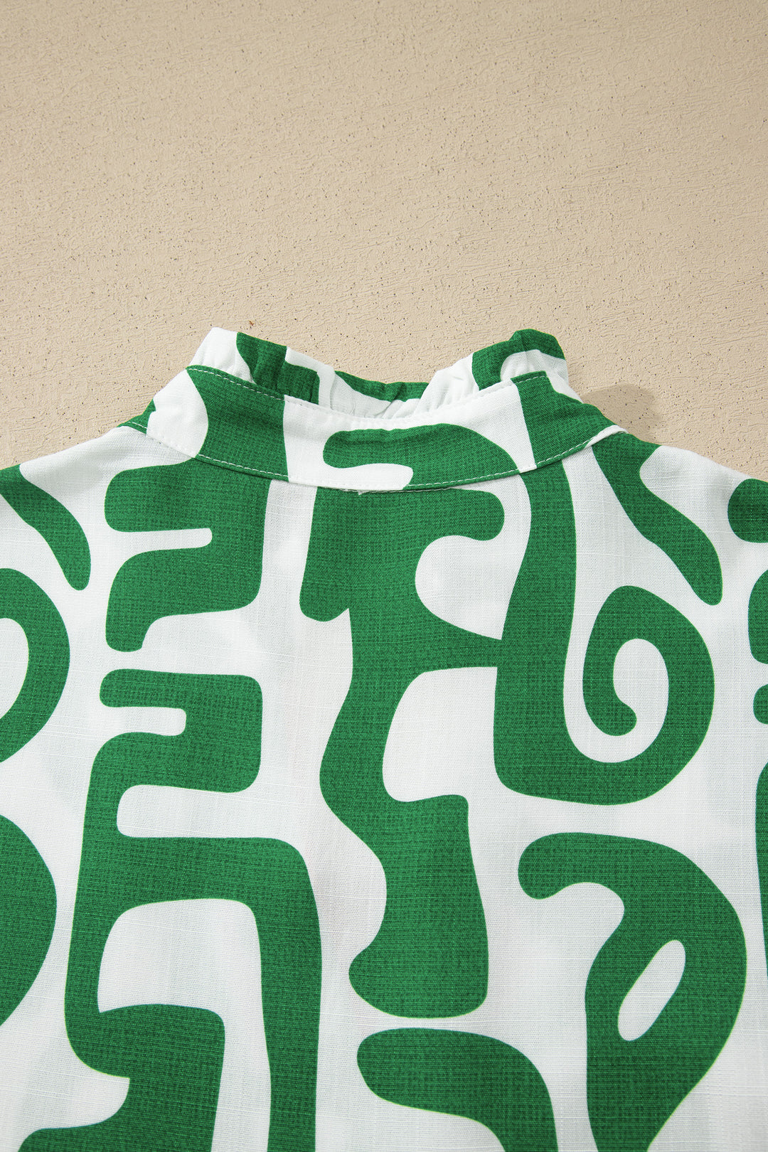 Green Abstract Print Striped Trim V Neck Short Sleeve Blouse