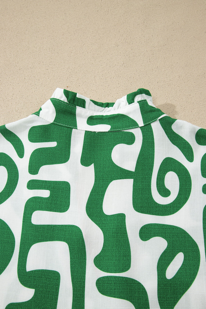 Green Abstract Print Striped Trim V Neck Short Sleeve Blouse