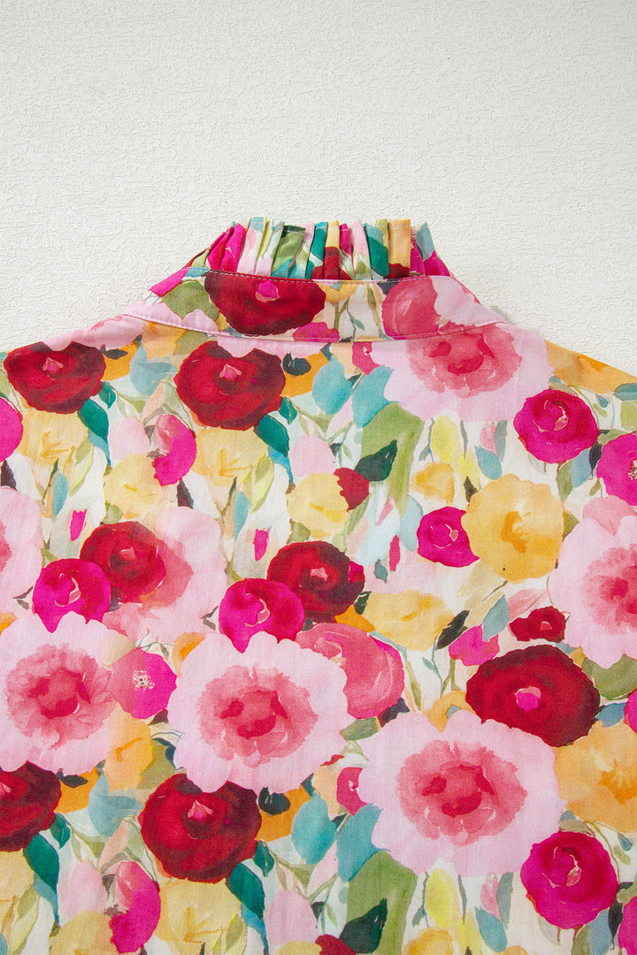 Floral Frilled V Neck Puff Short Sleeve Blouse