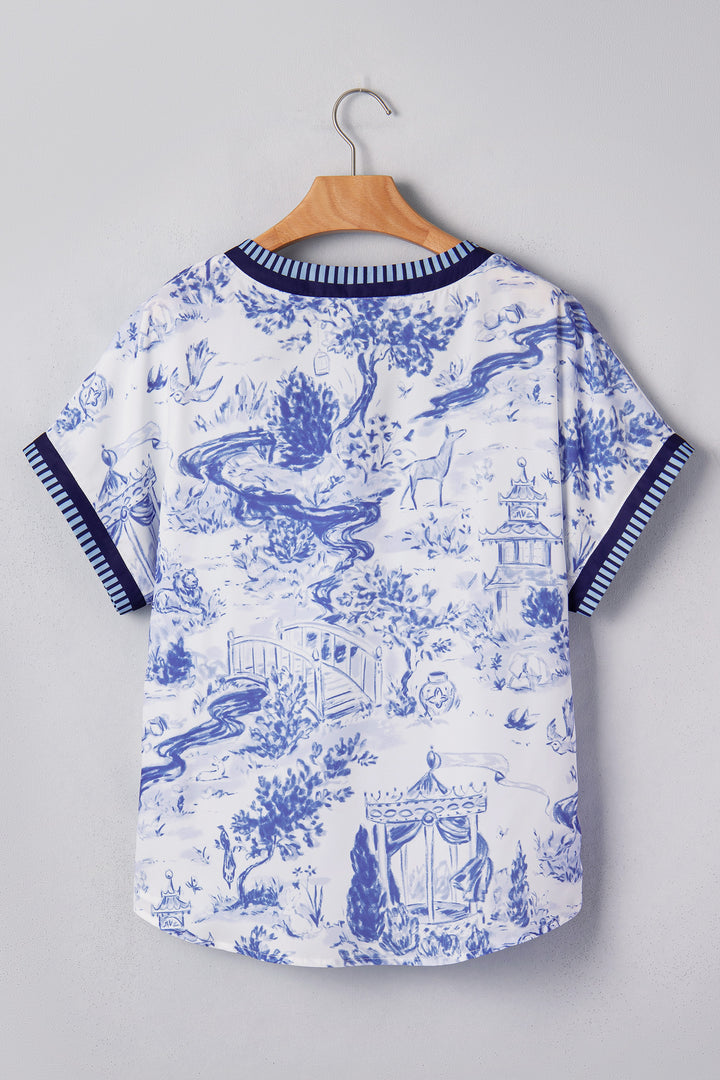 Blue Wild Animal Paradise Striped Trim V Neck Short Sleeve Blouse