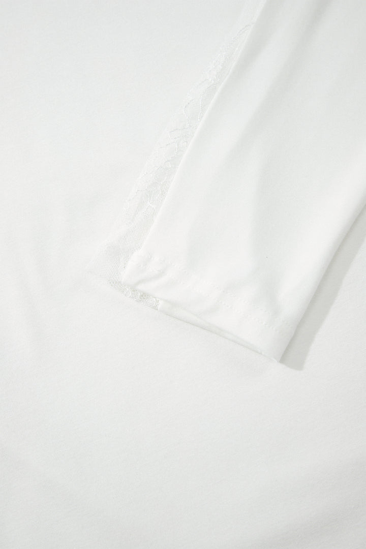 White Lace Patchwork Round Neck Long Sleeve Top