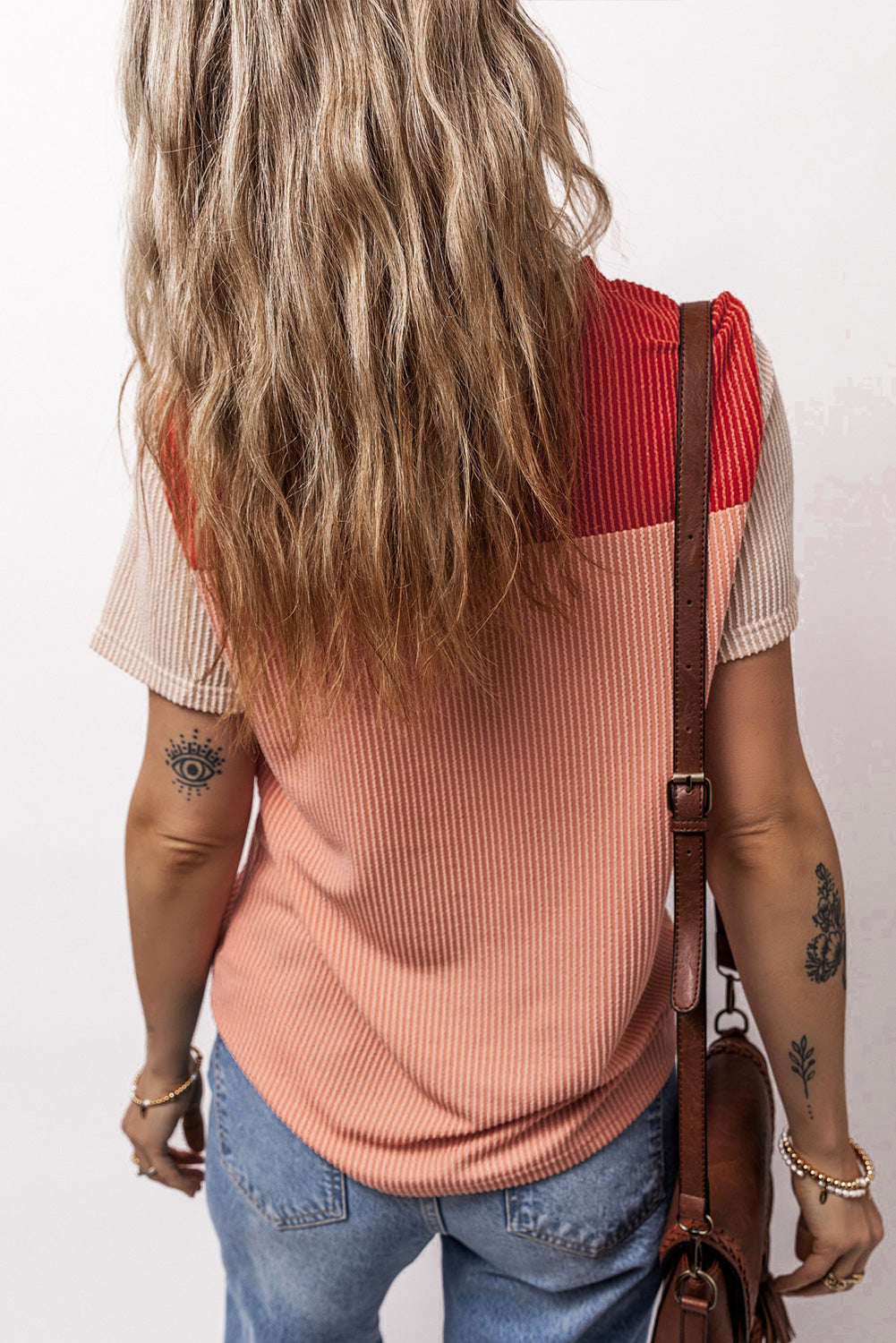 Red Rib Textured Colorblock T Shirt