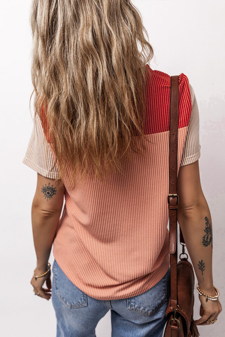 Red Rib Textured Colorblock T Shirt