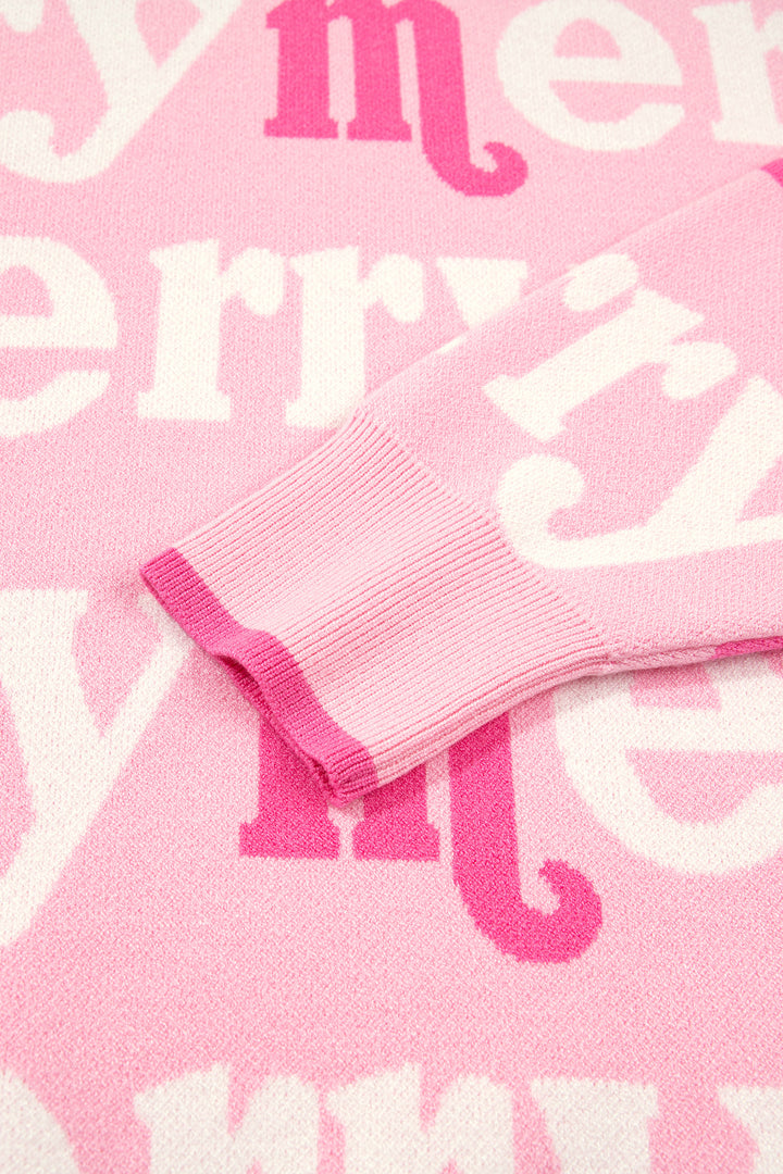 Pink All Over Merry Me Graphic Round Neck Knit Sweater
