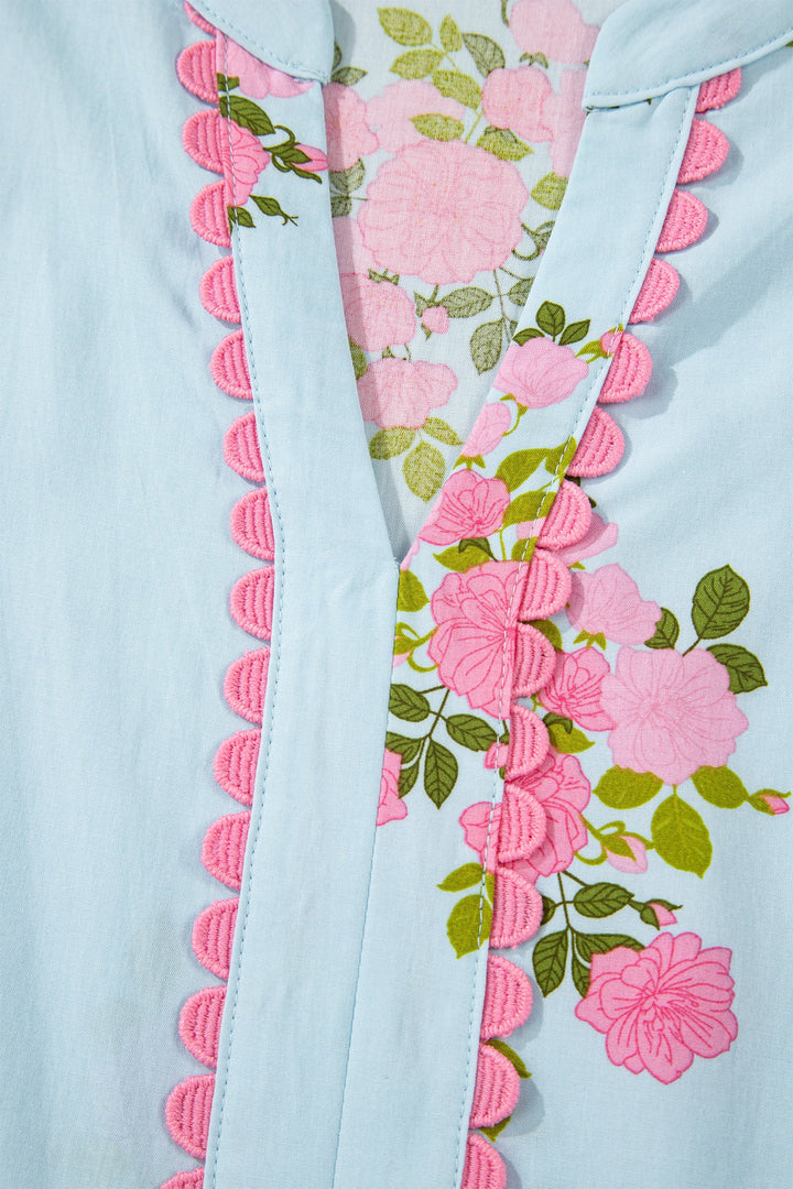Sky Blue Notched Neck Flutter Short Sleeve Floral Print Maxi Dress