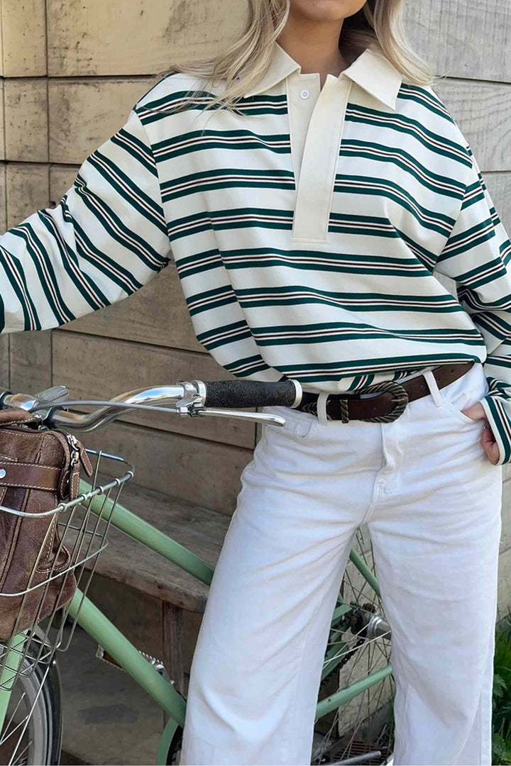 Green Stripe Retro Loose Fit Contrast Collar Long Sleeve Top