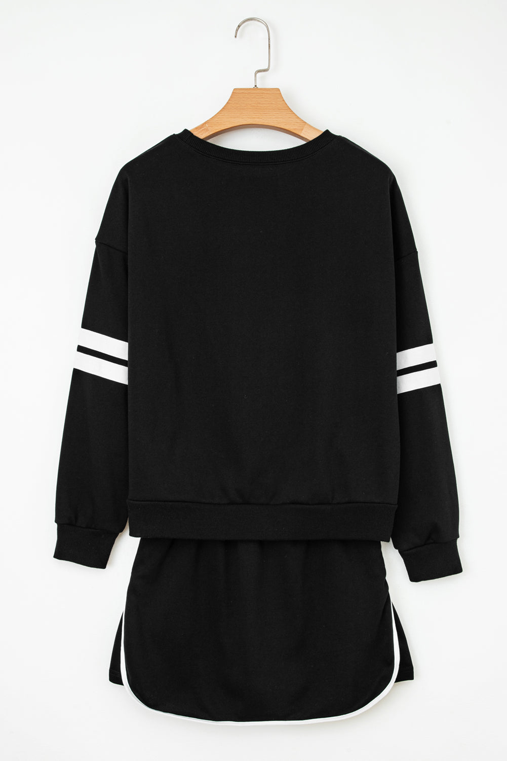 Black Varsity Stripe Detail Drop Shoulder Pullover Mini Skort Set