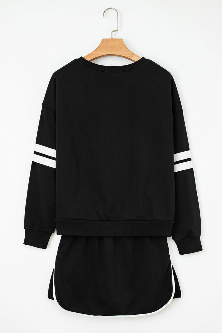 Black Varsity Stripe Detail Drop Shoulder Pullover Mini Skort Set
