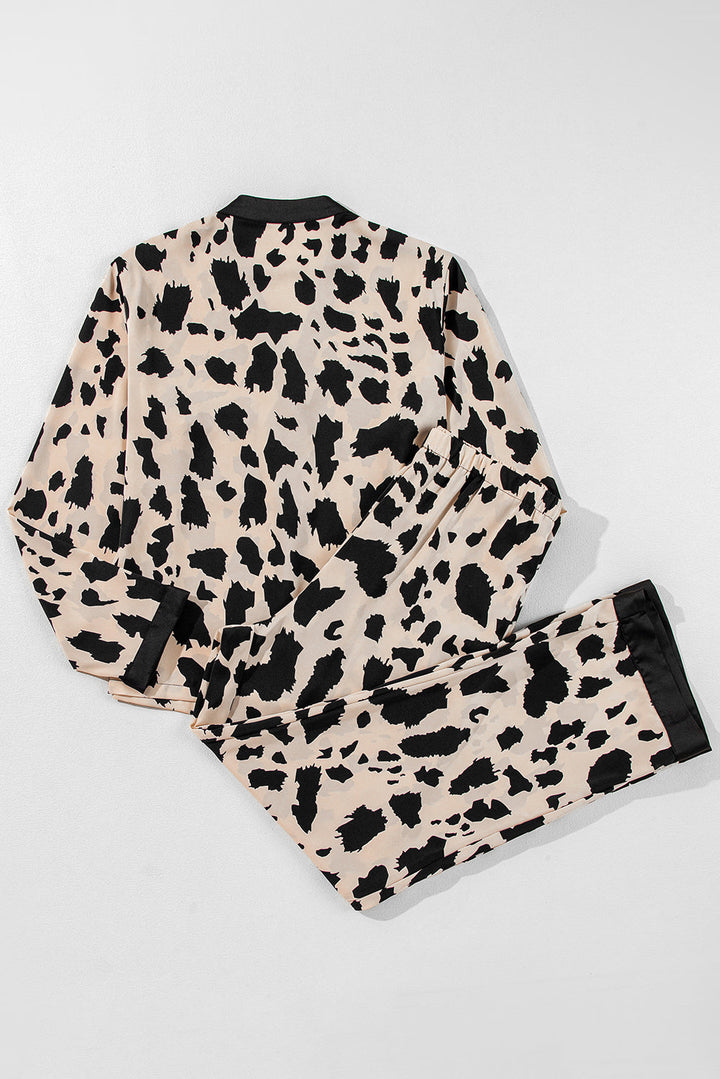 cheetah contrast trim loose fit two piece sleepwear