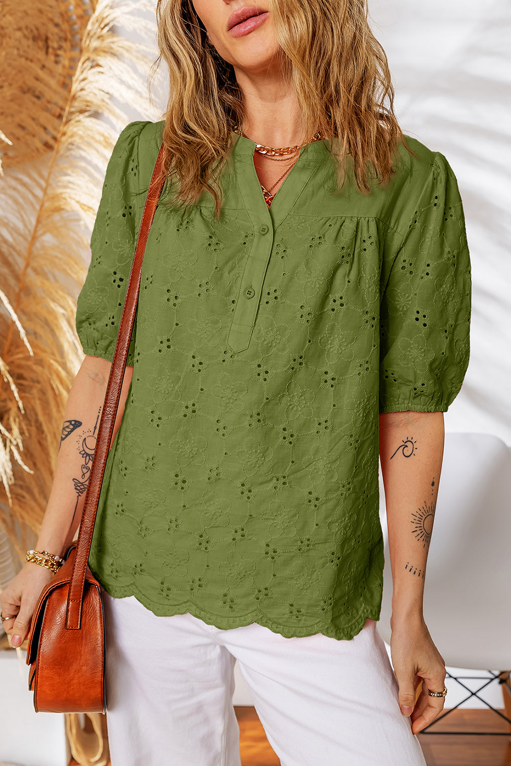 Lace Crochet V Neck Half Sleeve Embroidery Button Down Blouses Casual Shirts