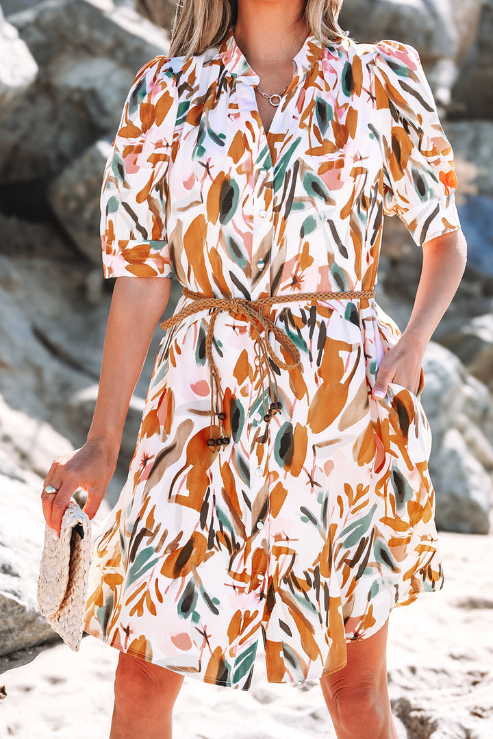 Abstract Printed Puff Sleeve Button Up Braided Belt Mini Dress
