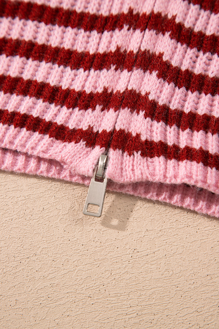 Red Stripe Striped High Neck Zip-up Sweater Long Sleeve Casual Fit Drop Shoulder Open Front Cardigan