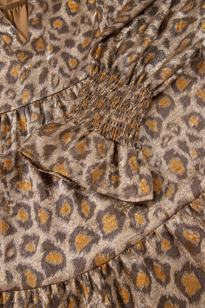Leopard Print V Neck Ruffled Sleeve Tiered Loose Mini Dress