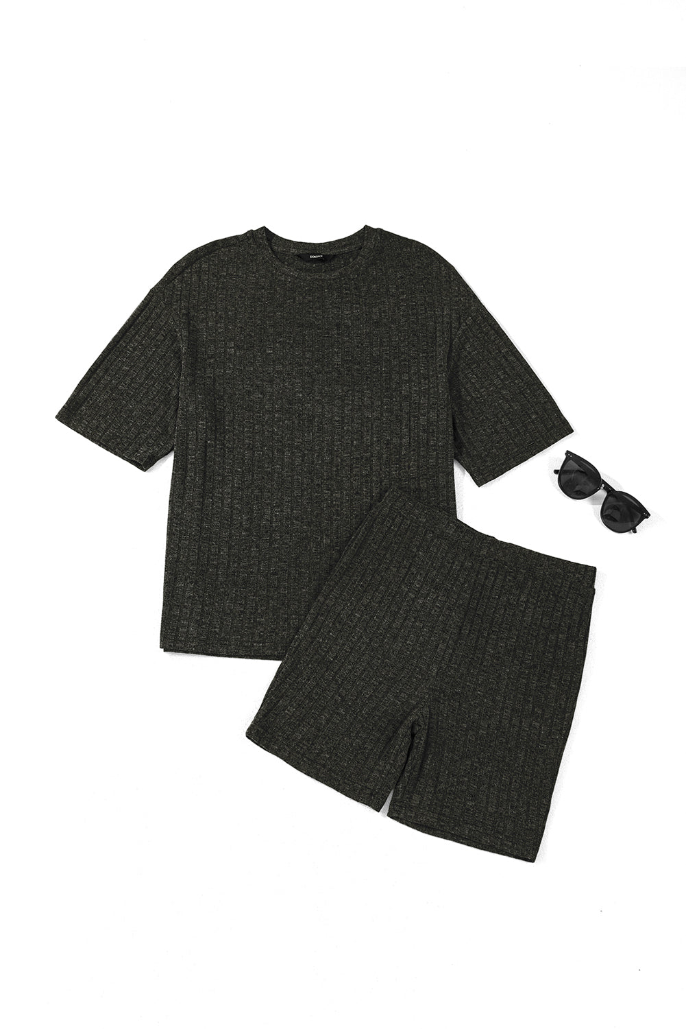 Black Soft Ribbed Loose Tee Slim Shorts 2pcs Sporty Set