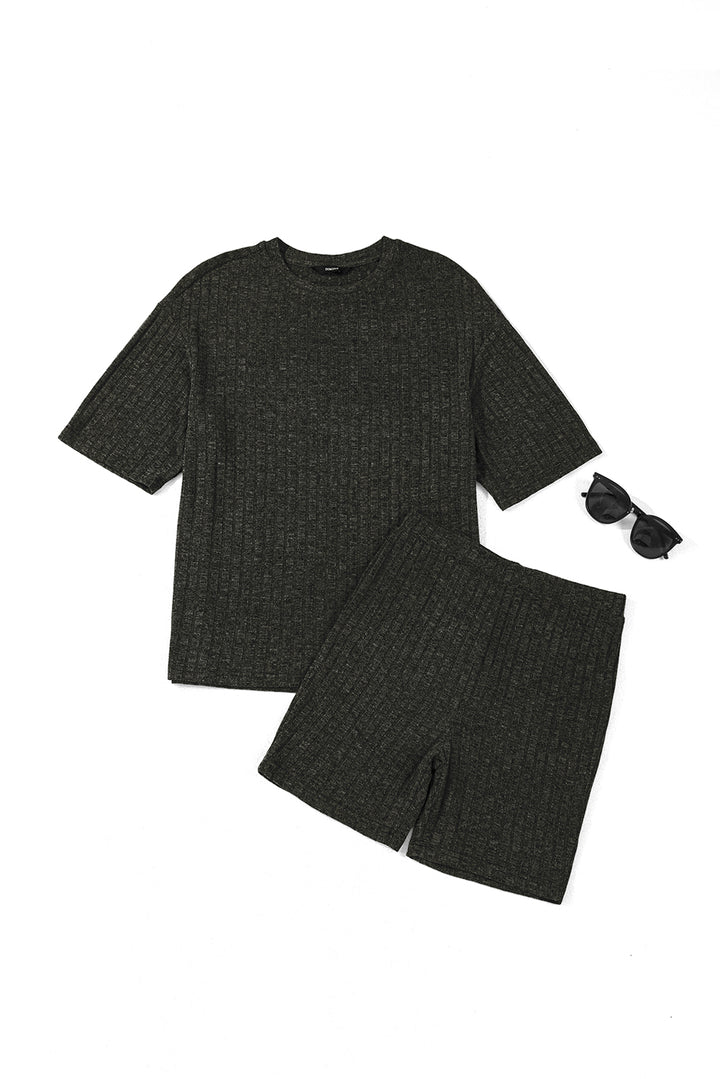 Black Soft Ribbed Loose Tee Slim Shorts 2pcs Sporty Set