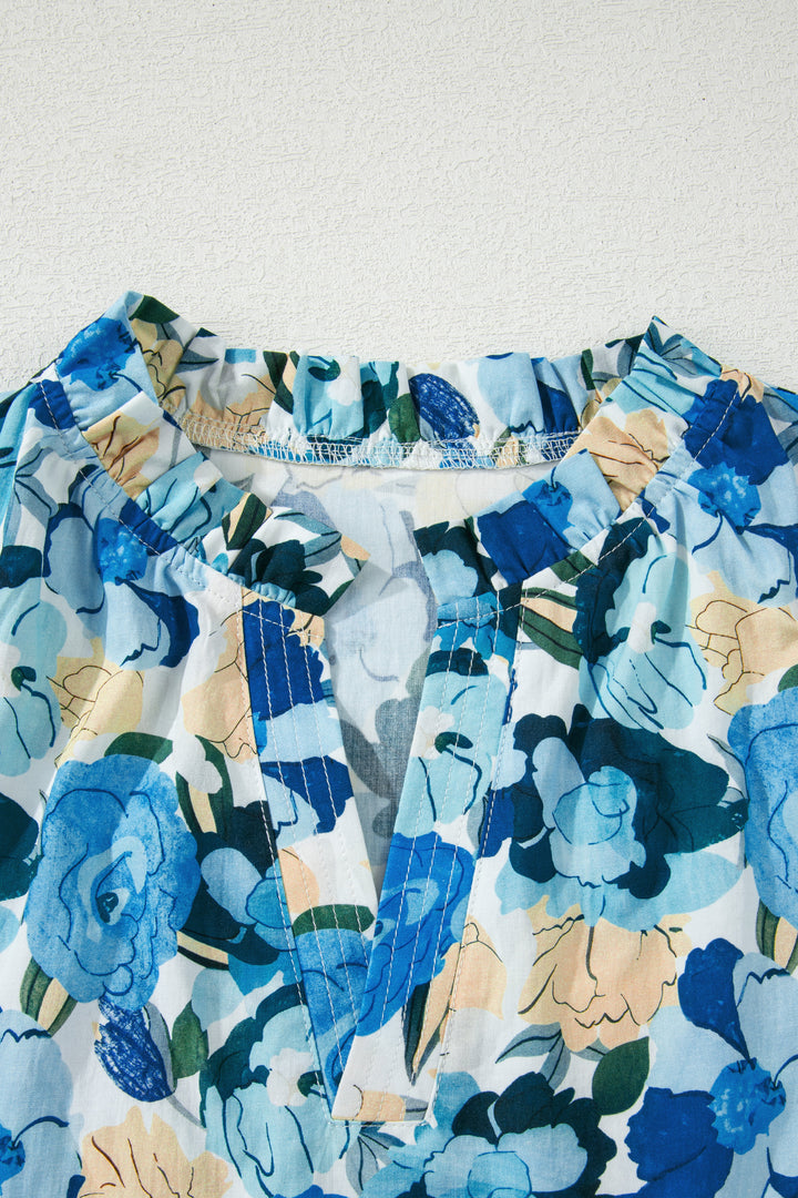Floral Print Short Puff Sleeve V Neck Blouse