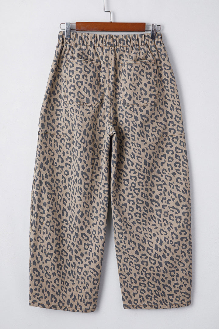 Khaki Leopard Printed Drawstring Elastic Waistband Pocketed Barrel Jeans