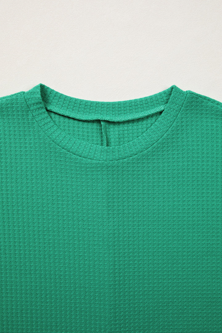 Sea Green Waffle Textured Knit Dolman Short Sleeve Loose Top