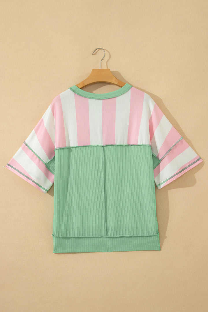Pink Stripe Exposed Seam Ribbed Patchwork Oversized Tee