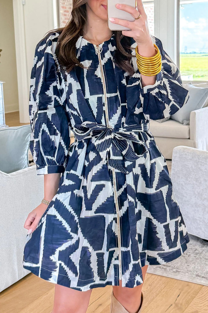Blue Abstract Geometric Print Zip Front Shift Dress