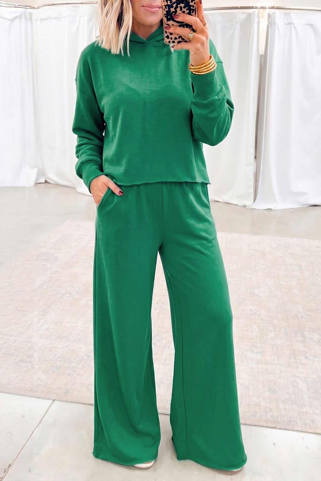 Bright Green Solid Color Hooded Long Sleeve Elastic Waist Pocket Pant Set