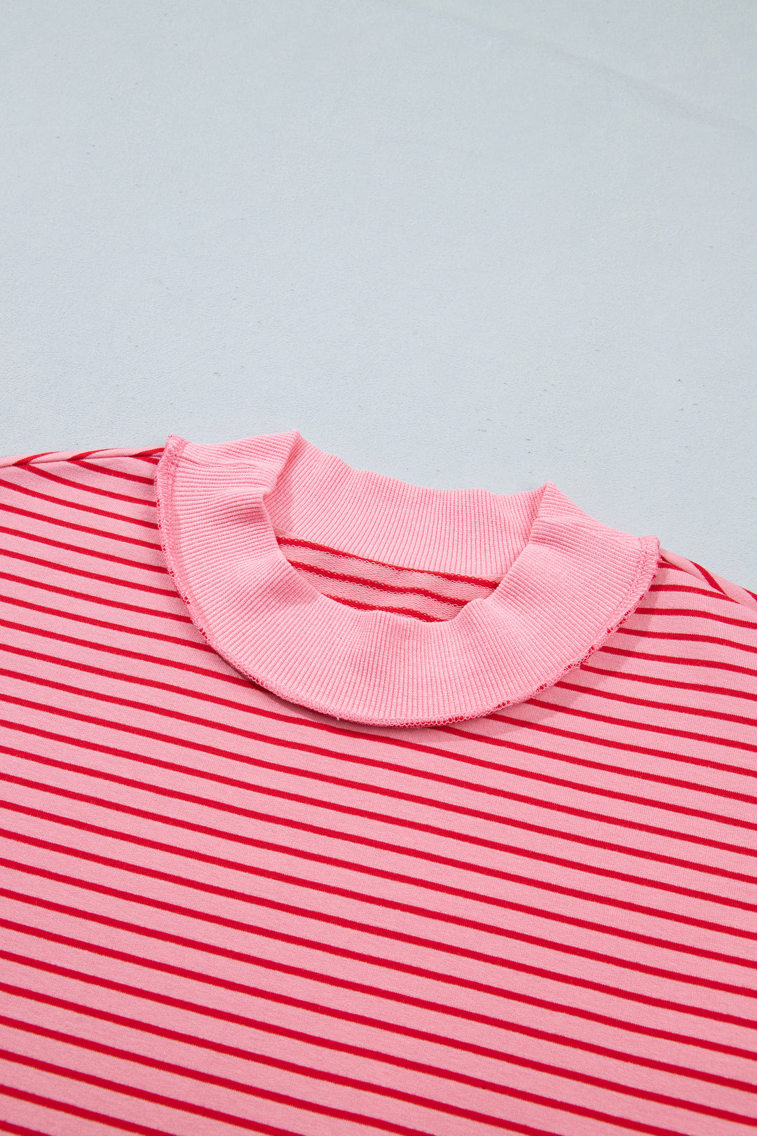 Pink Stripe Ribbed Patchwork Mock Neck Baggy Pullover Matching Shorts Set