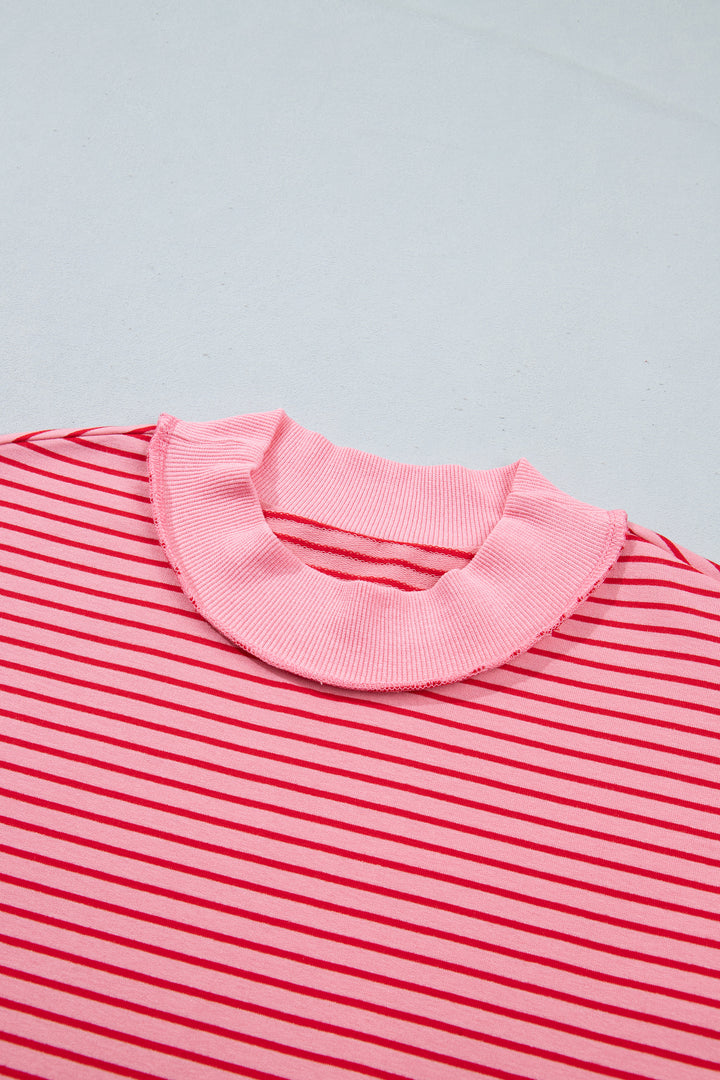 Pink Stripe Ribbed Patchwork Mock Neck Baggy Pullover Matching Shorts Set