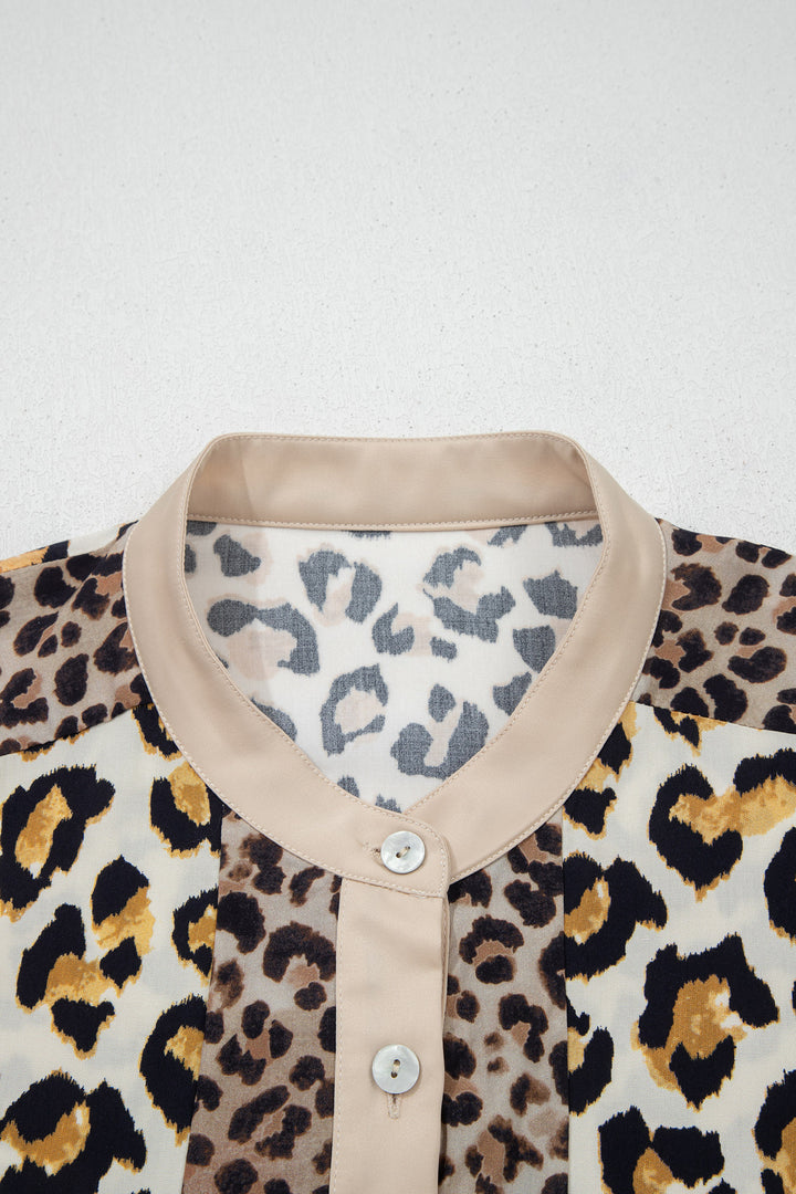 Mixed Leopard Patchwork 3/4 Sleeve Loose Shirt