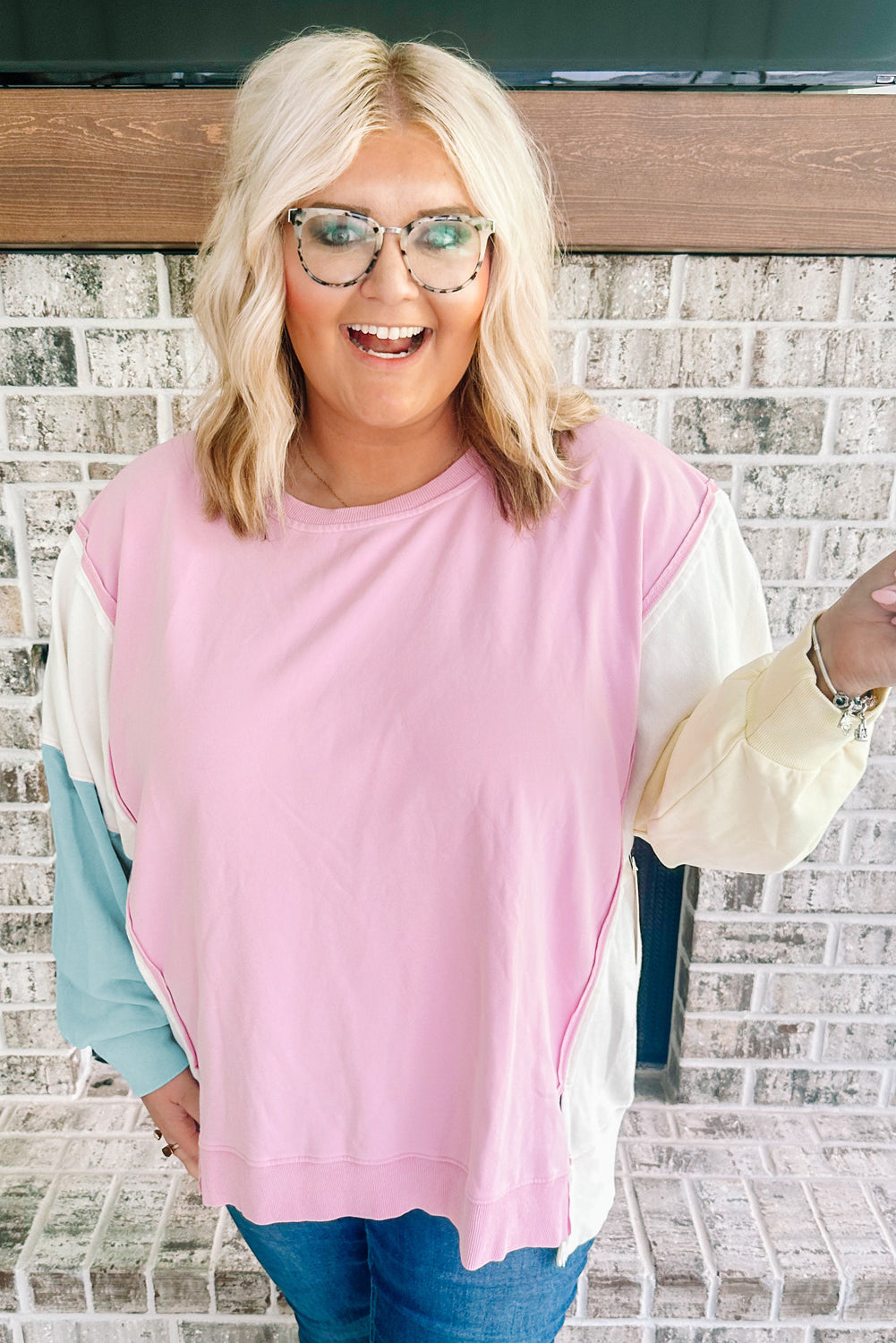 Pink Colorblock Patchwork Drop Shoulder Plus Size Sweatshirt