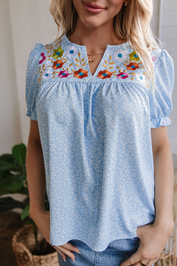 Floral Embroidered Puff Sleeve Notched V Neck Blouse