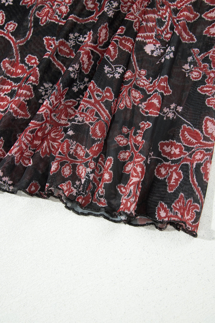 Black Retro Floral Print Long Sleeve Mesh Maxi Dress