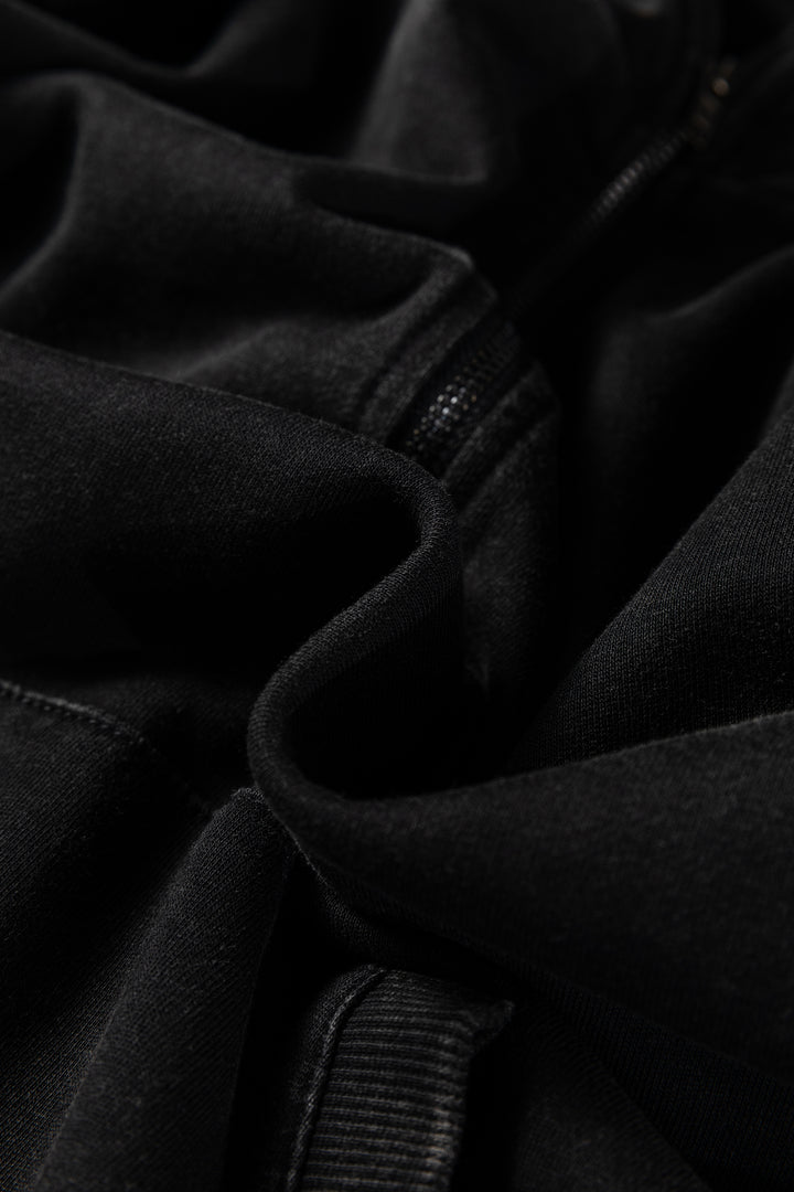 Black Half Zip Kangaroo Pocket Mineral Wash Baggy Hoodie