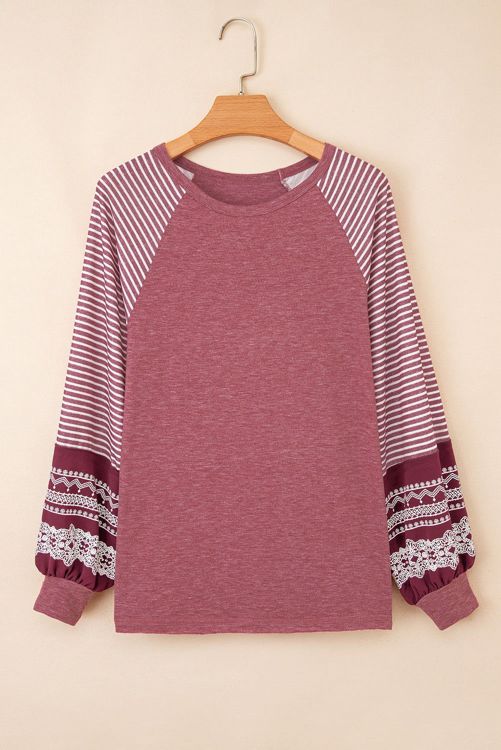 Burgundy Contrast Print Striped Raglan Long Sleeve Loose Top