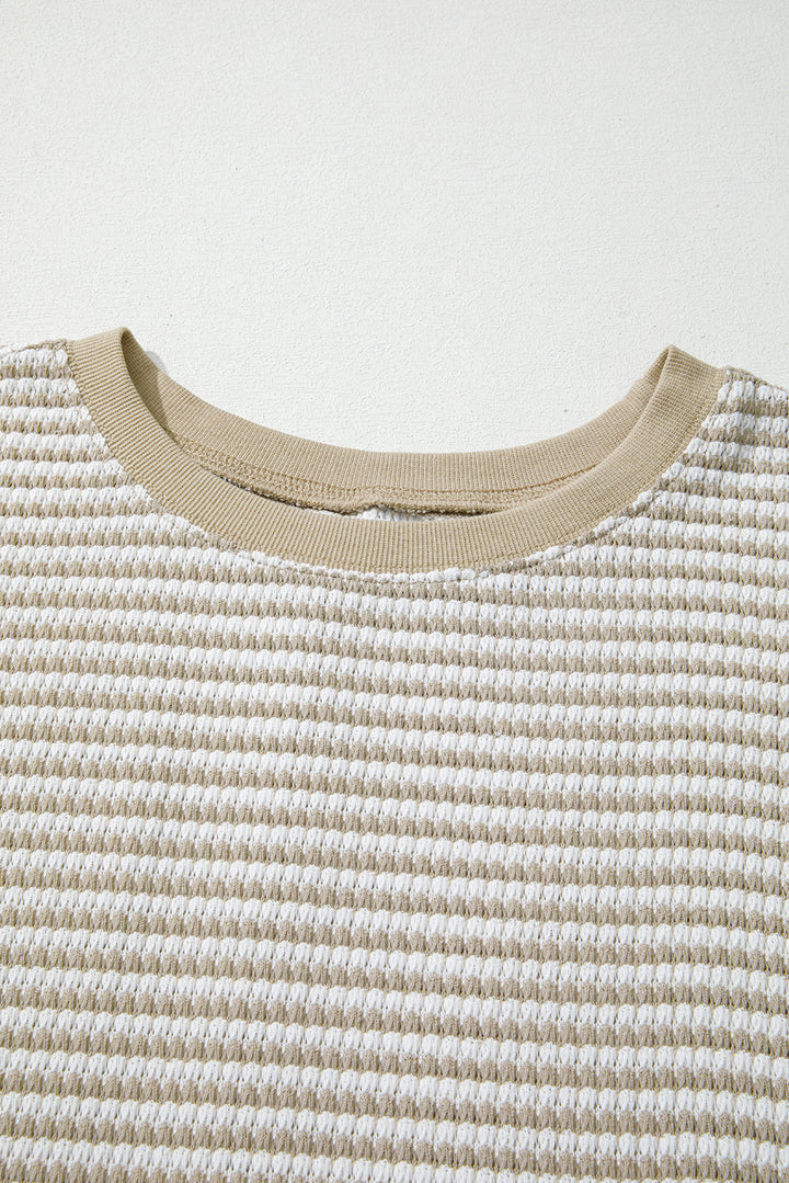 Brown Stripe Breathable Knit Ribbed Trim Plus Size Long Sleeve Top