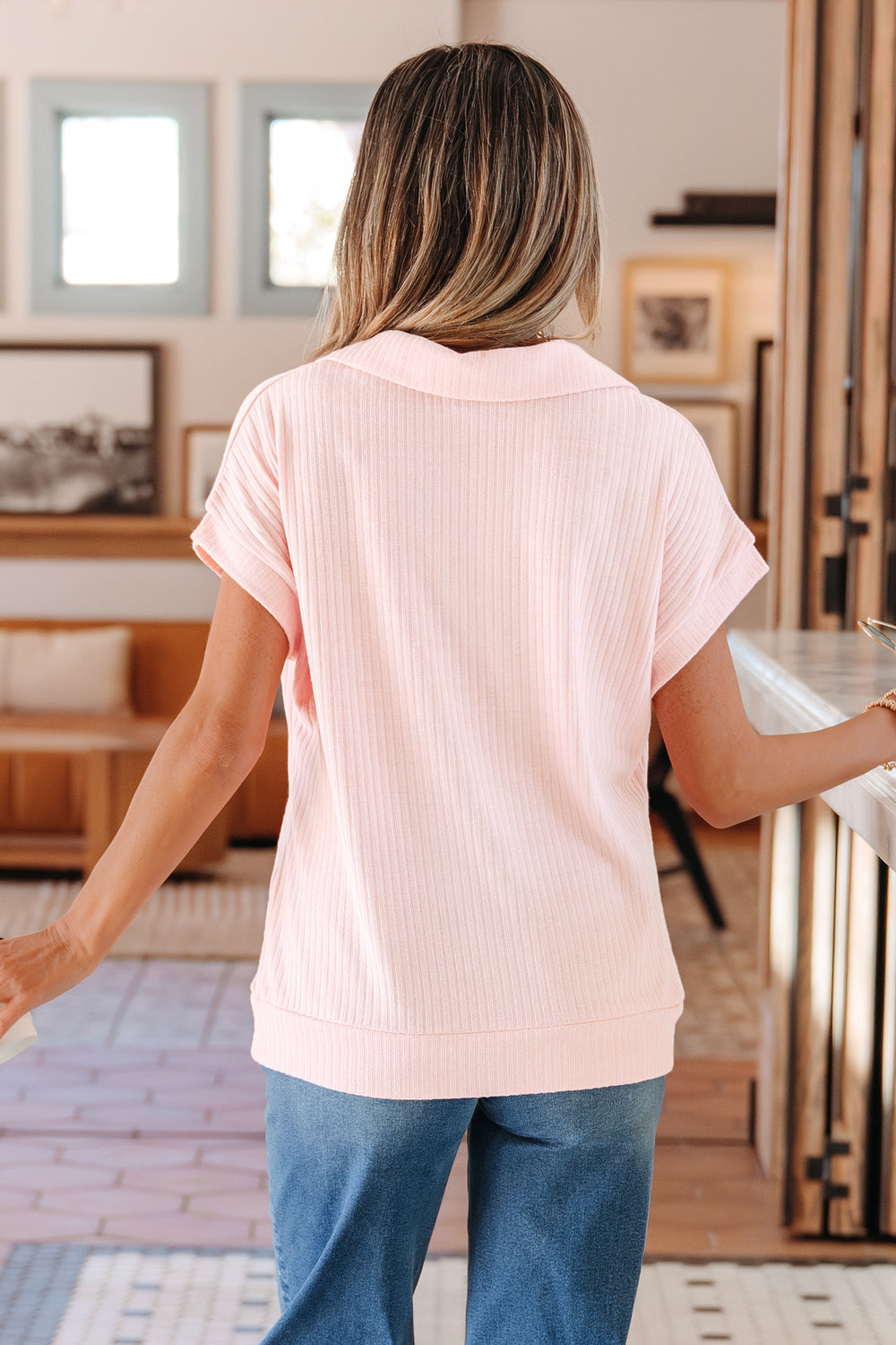 Collared V Neck Ribbed Tee