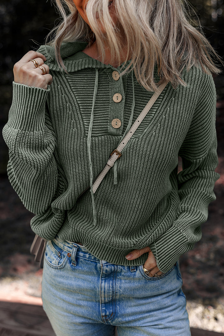 Mineral Wash Ribbed Knit Button Drawstring Neck Hooded Sweater