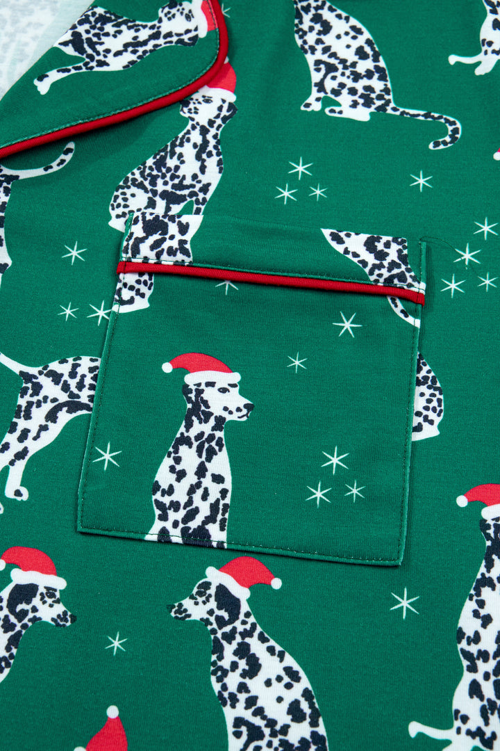 Green Long Sleeve Dog Print Two Piece Shift Lounge Set