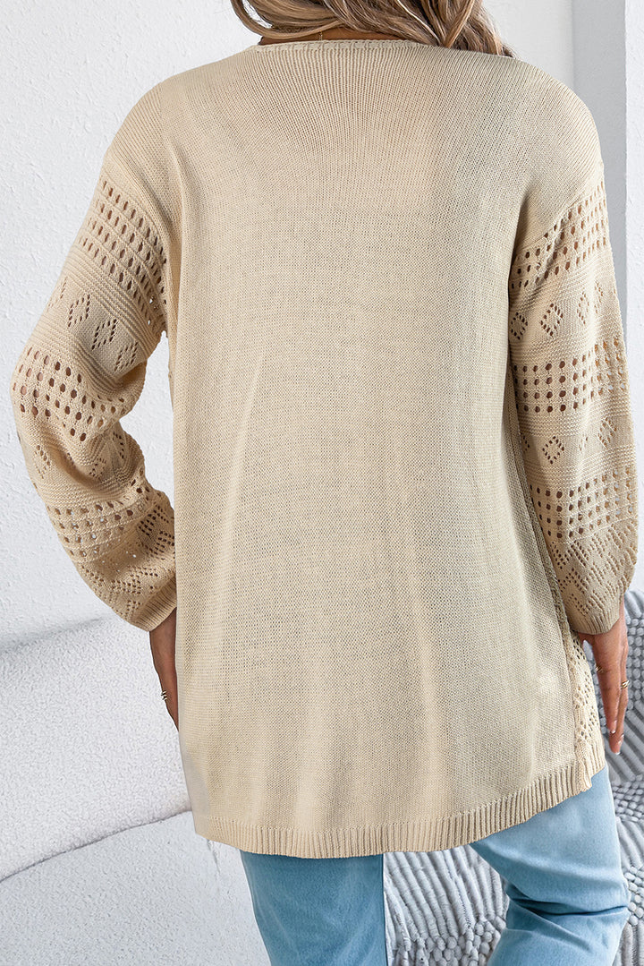 Smoke Gray Hollowed Knit Open Front Cardigan Sweater