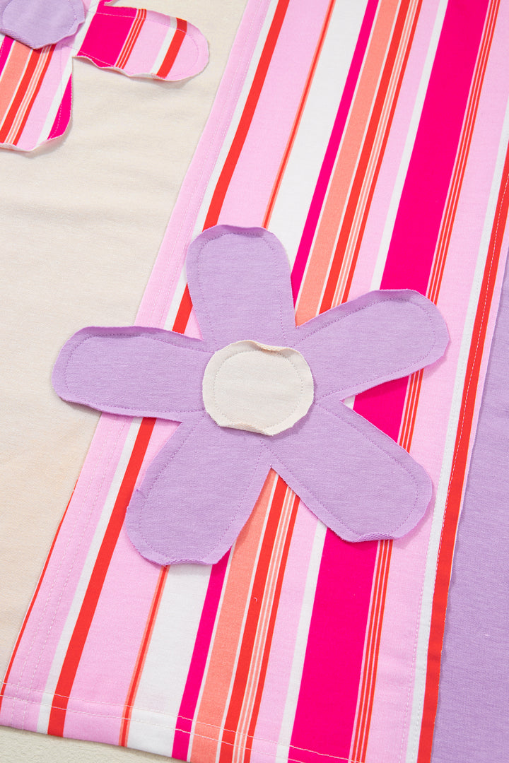 Striped Color Block Flower Patched Half Sleeve Loose Top