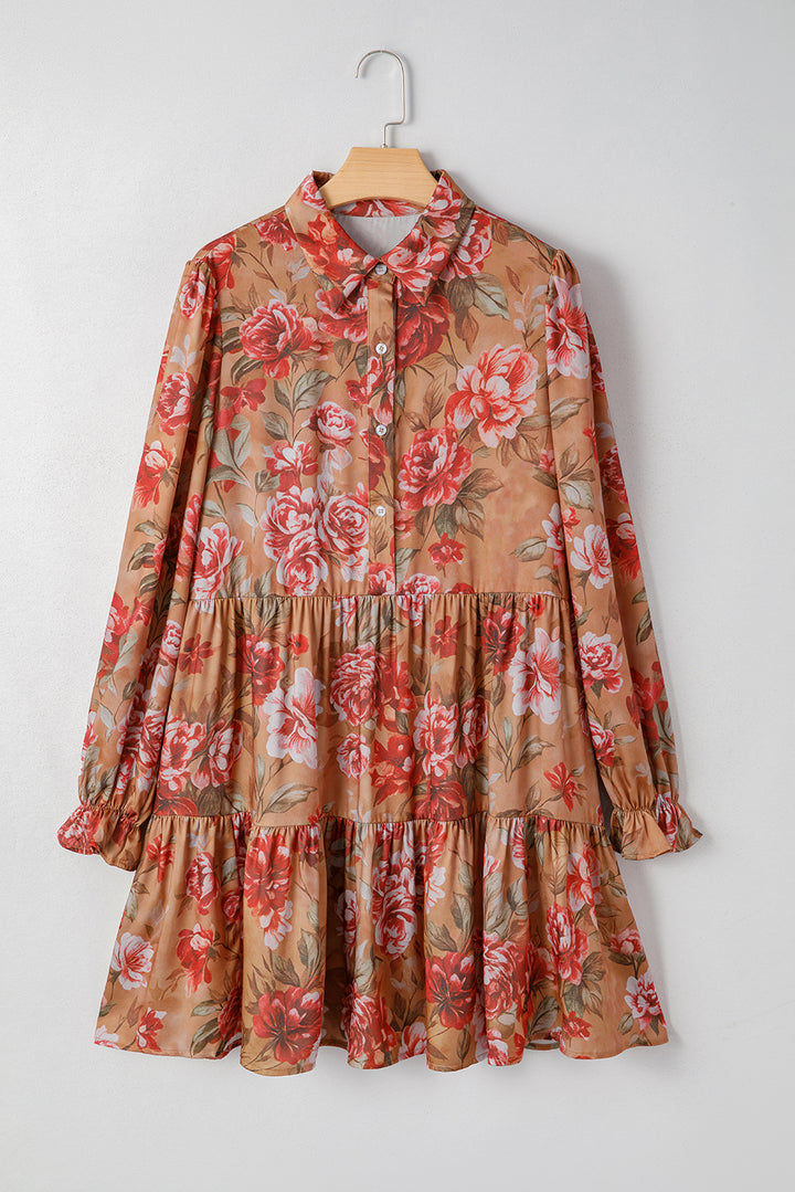 Brown Vintage Floral Print Shirt Style Half Button Long Sleeve Ruffle Mini Dress