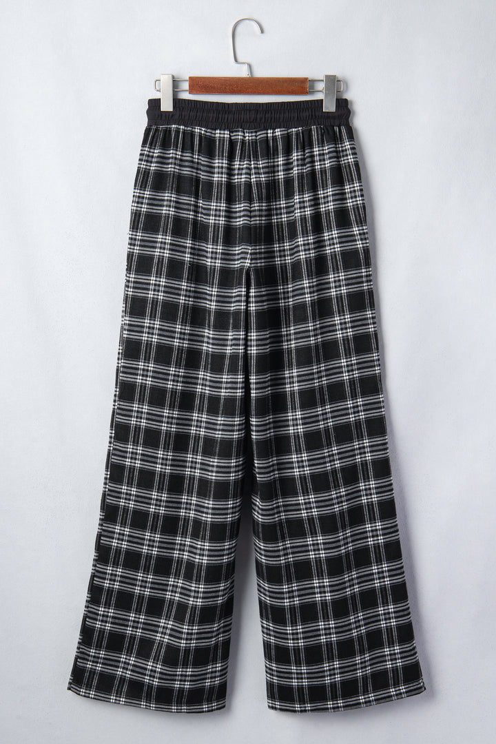Black Frenchy Plaid Pattern Contrast Wide Leg Pants