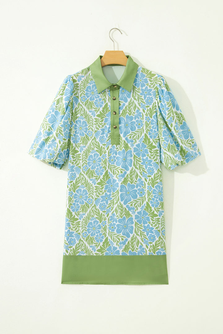Sky Blue Floral Print Color Block Patchwork Shirt Collar Half Sleeve Mini Dress